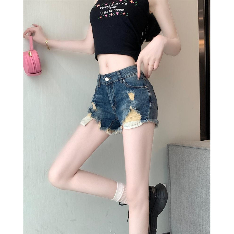 American Low-Waist Ripped Denim Shorts for Women 2025 Summer New Slim and Versatile Slim Outer Wear Hot Pants