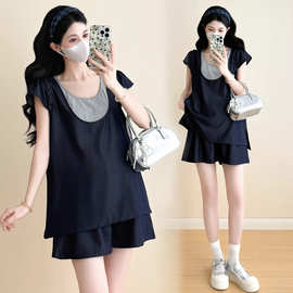 2025夏季新款时尚休闲风撞色两件套简约通勤产后可穿潮妈孕妇套装