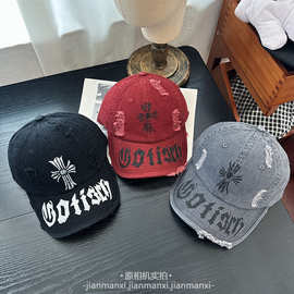 复古磨边破洞棒球帽春夏美式印花字母防晒鸭舌帽子遮阳显脸小男