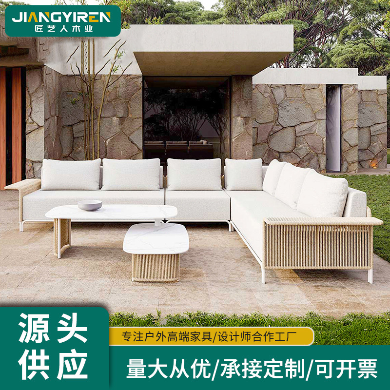 Sofá al aire libre patio trenzado combinación de silla de caña impermeable solar jardín villa terraza de alojamiento nórdico muebles de esquina