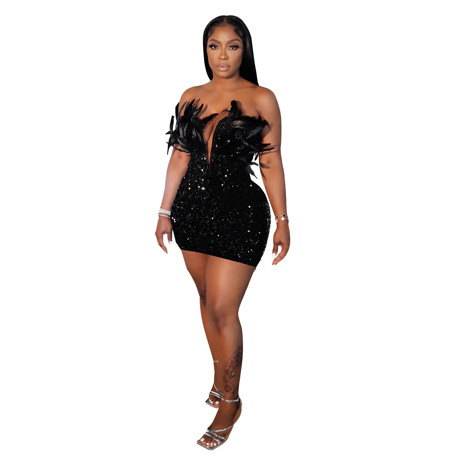 C7050 Aliexpress transfronterizo Amazon estación independiente de moda europea y americana de mujer cuentas plumas vestido sin mangas corto image 7