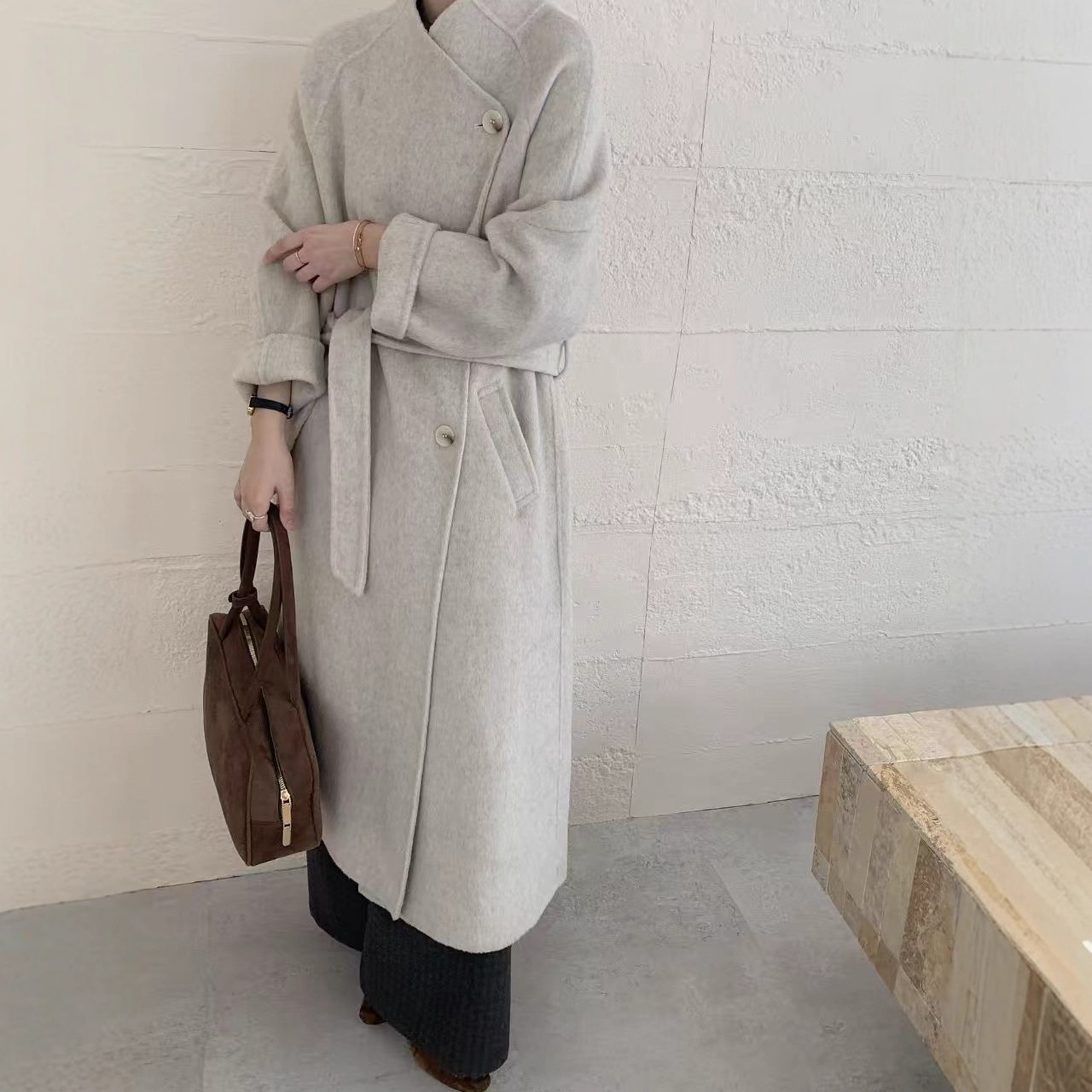 不规则斜门襟2025年冬款气质简约长款系带羊毛双面呢大衣收腰显瘦