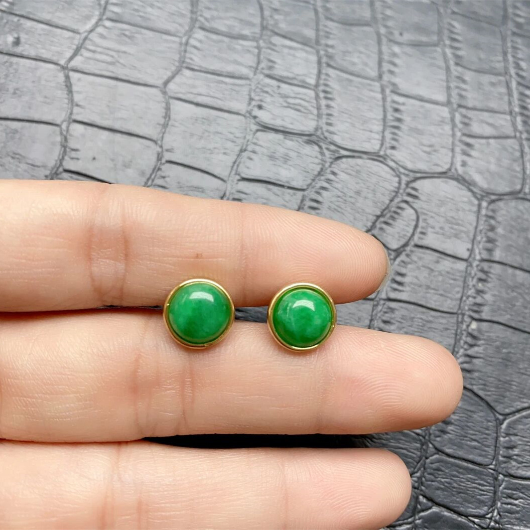 金镶玉耳钉 满绿翡翠色耳钉 女款翠玉钻石耳坠耳饰