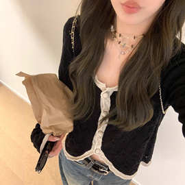 ASHENONLINE 堂吉诃德 拼色针织小开衫秋季复古设计感休闲上衣女