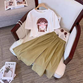 女童夏装短袖T恤七分裤两件套2025新款中大童韩版洋气休闲套装潮