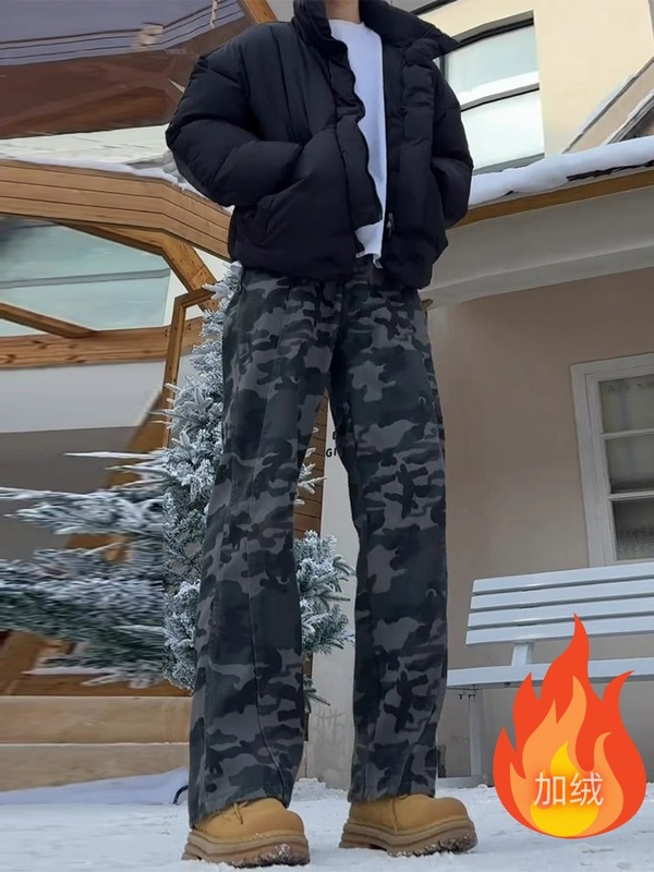 美式cleanfit复古迷彩裤男款秋冬加绒伐木裤子修身弯刀工装牛仔裤|undefined