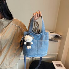 韩版ins牛仔布手提水桶包女式百搭通勤单肩斜挎包外出手拎包女包