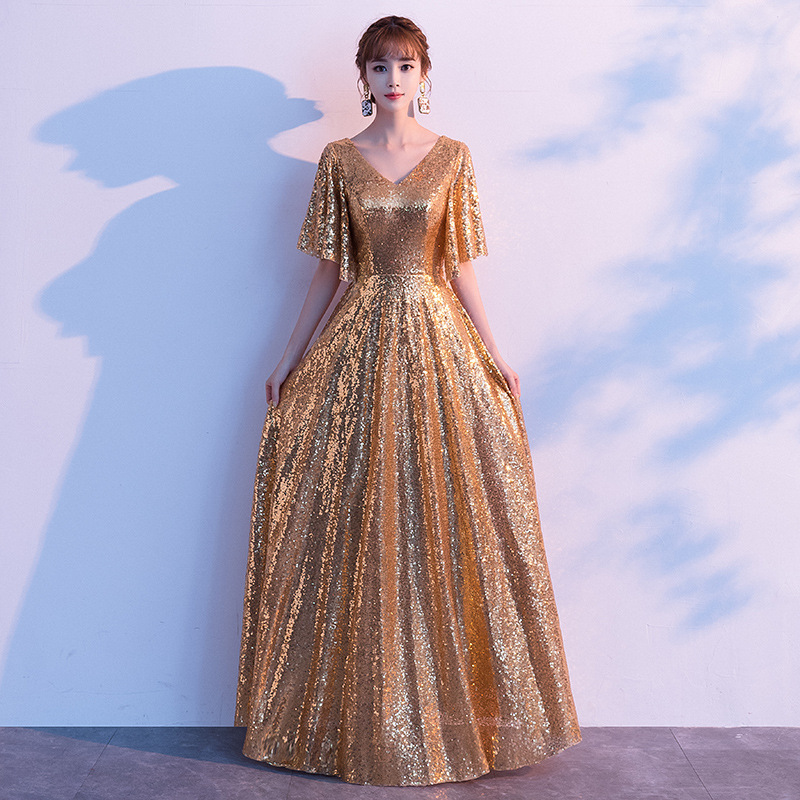 Modern Golden Great Choir Costume Long Dress Solo Command Costume Elegant Host Evening Dress Female