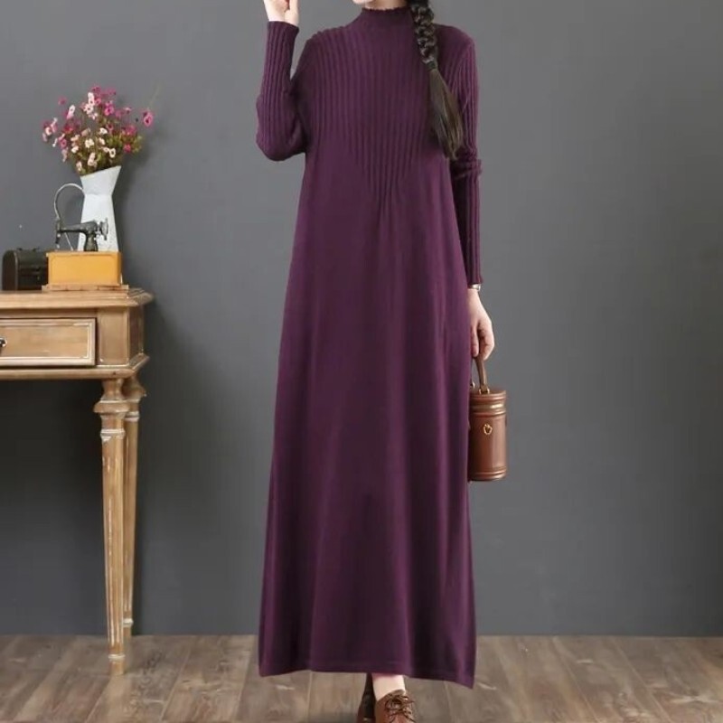 Autumn and Winter New Retro Large Size Loose Knitted Dress Women's Half High Collar Over-the-Knee Long Fashionable Sweater Dress Autumn and Winter New Retro Large Size Loose Knitted Dress Women's Half High Collar Over-the-Knee Long Fashionable Sweater Dress