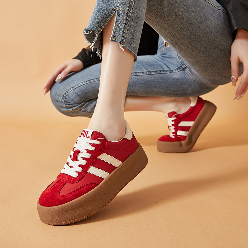Genuine Leather German Training Shoes for Women 2026 New Thick-Soled Height-Increasing Casual Versatile Sneakers Hot-Selling Slimming Red Fashion Trendy Shoes