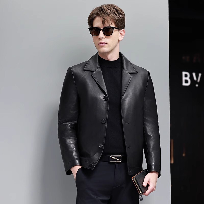 Autumn and Winter New Haining Genuine Leather Jacket Men's Short Goatskin Jacket Suit Collar down Jacket Casual Jacket Trendy