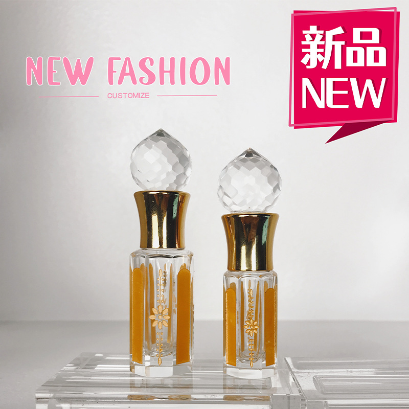 新品水晶盖电镀雕刻烫金小八角瓶玻璃瓶化妆品分装瓶精油瓶