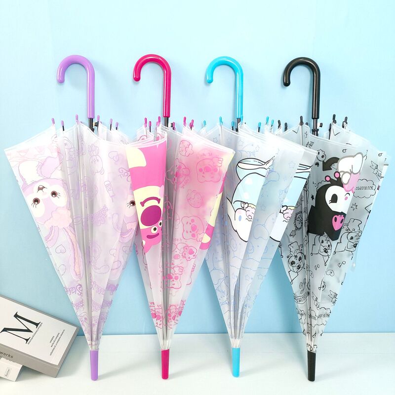 Factory wholesale fresh frosted transparent umbrella children's cartoon student umbrella enlarged reinforced long handle automatic transparent umbrella