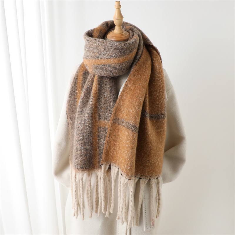 Classic Simple Artistic Plaid Imitation Cashmere Warm Shawl Scarf Autumn and Winter Fashion Versatile Tassel Commuter Scarf