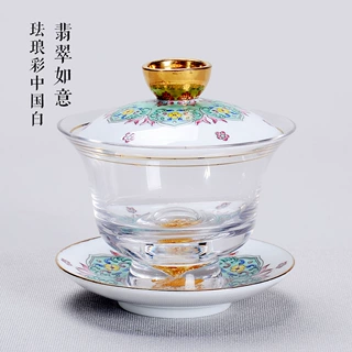 中式加厚透明水晶玻璃泡茶碗功夫茶具白瓷珐琅彩三才盖碗青花带盖