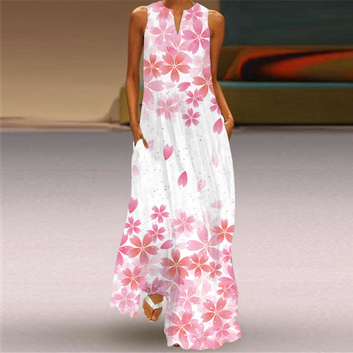 2024 summer independent station new European and American retro printed long skirt V-neck multi-color long sexy sleeveless dress