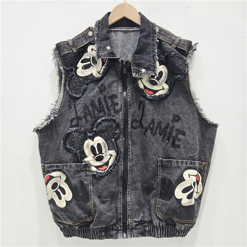 Marca de marea europea 2026 primavera nueva impresión de dibujos animados sequinado denim bordes de lana sensación de diseño chaleco suelto de moda image 2