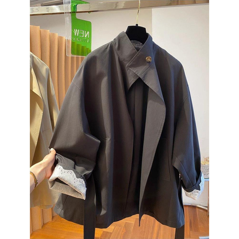 French Retro Style Mid-Length Windbreaker Short Jacket Women's Spring and Summer New Loose Waist Stand-Up Collar Top