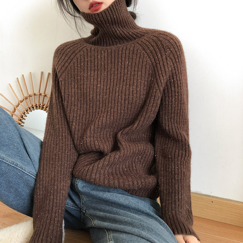 Viento perezoso cuello alto agujero delgado suéter de seda brillante diseño de color sólido delgado camiseta de punto de fondo de invierno de otoño chaqueta