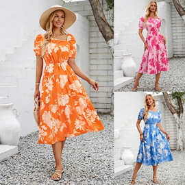 亚马逊自主设计欧美新款夏季女装休闲时尚斜领花卉印花清新连衣裙