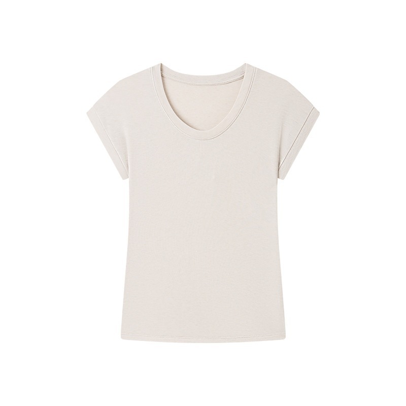 High-Quality Silk Wool Short-Sleeve Modal Women's Flutter Sleeve U-Neck T-Shirt, Petite Design, Versatile Base Top