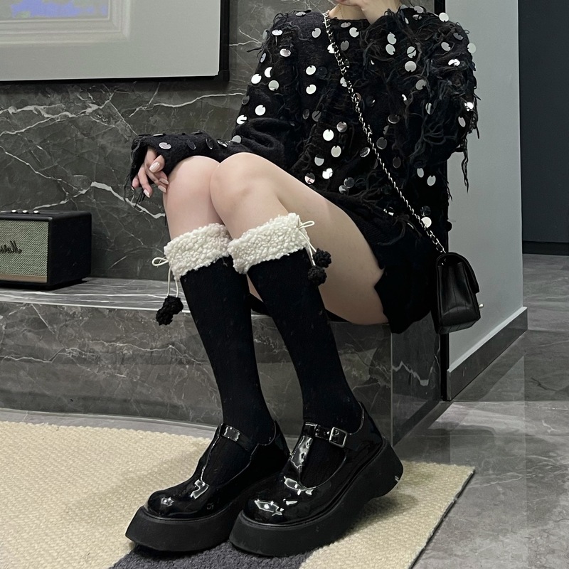 加绒加厚小腿袜子女秋冬款保暖蝴蝶结毛球中筒及膝堆堆袜日系jk袜|undefined