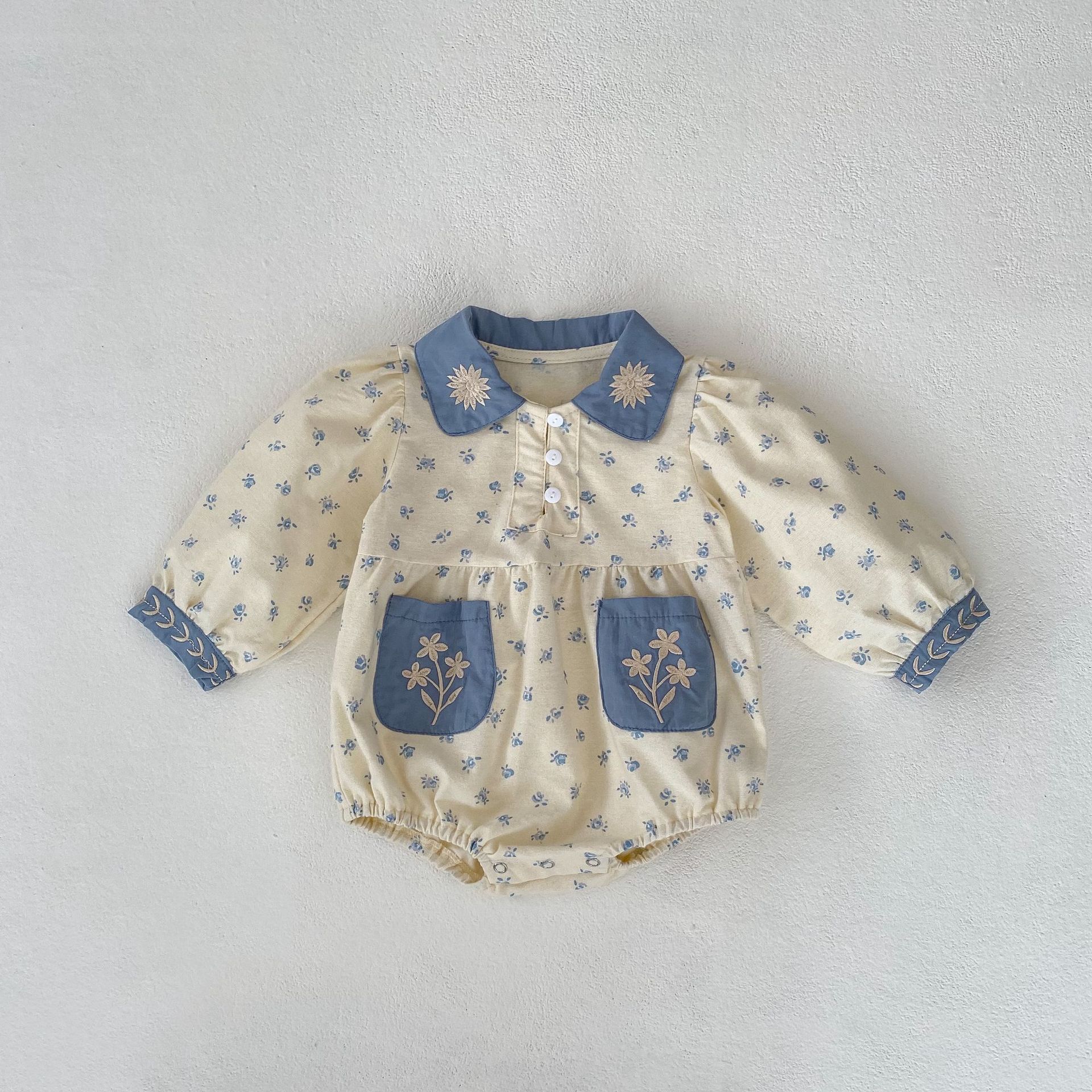 INS 2024 Autumn Infant and Girl Baby Floral Contrast Collar Embroidered Long Sleeves Yi Ha Skirt Bag Butt jumpsuit_voghion.com