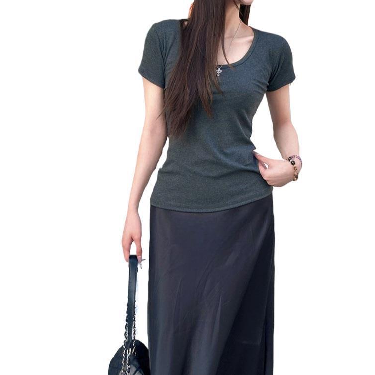右肩ウエストルーズUネックスリムで万能なレイジースタイル夏の女性用無地デザインドレープトップ|undefined