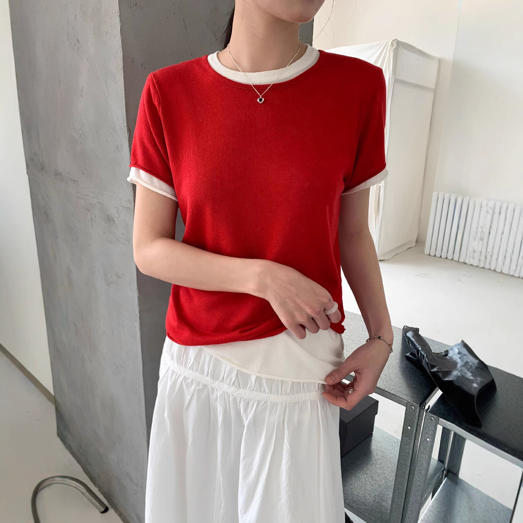 6UP春夏新款短袖撞色假兩件毛衣女2025廣州13行休閒上衣百搭91513