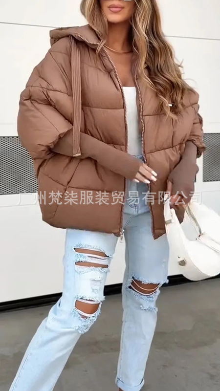 欧美跨境2025秋冬亚马逊纯色连帽羽绒服时尚抽绳休闲棉衣夹克外套|undefined