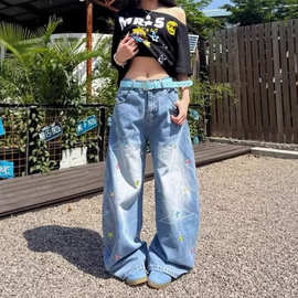复古高街星星刺绣牛仔裤女2026夏季新款休闲水洗阔腿宽松弯刀裤潮