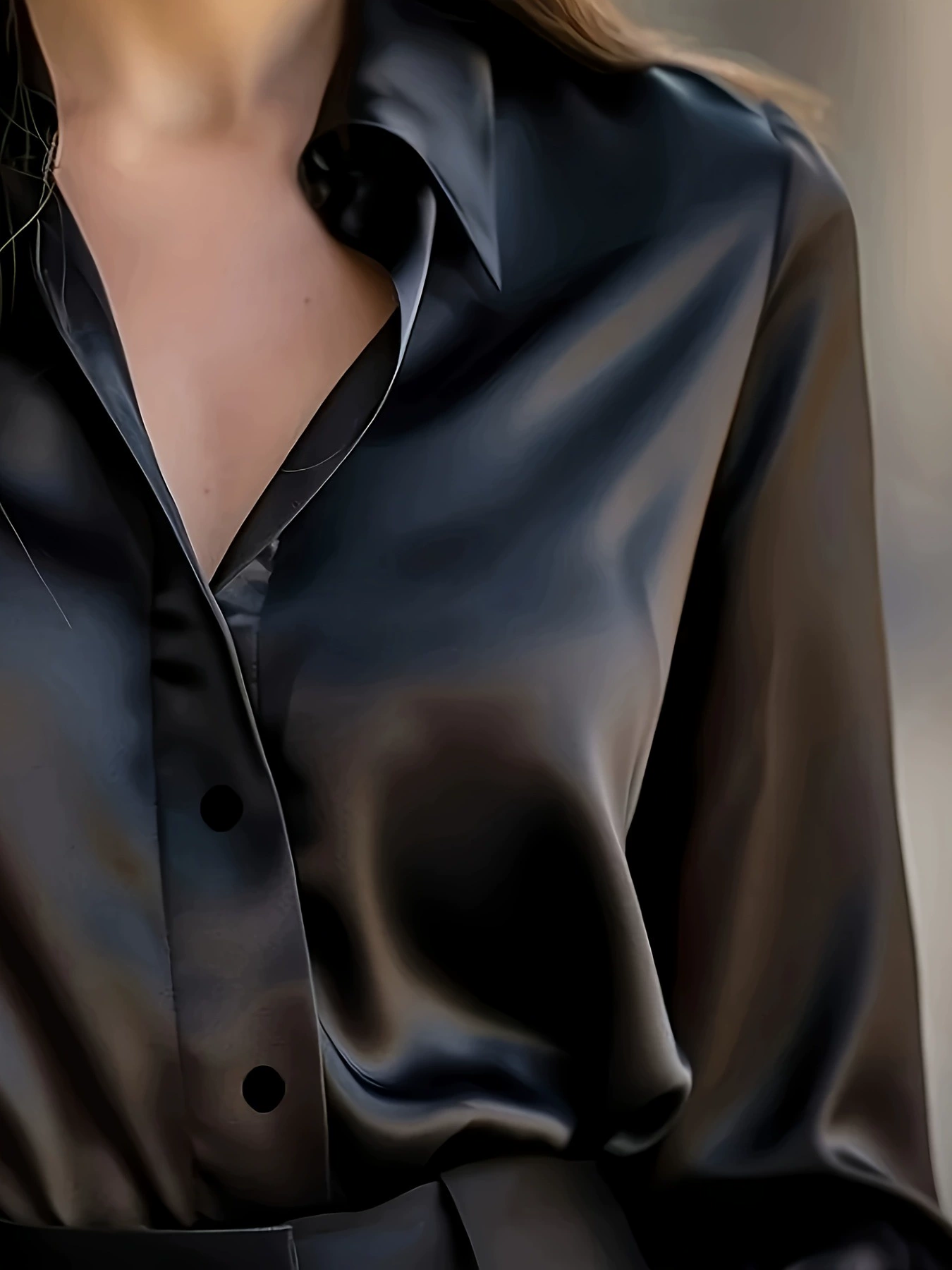 Long‑sleeve satin shirt, black, 95% polyester 5% spandex, button‑front elegant top