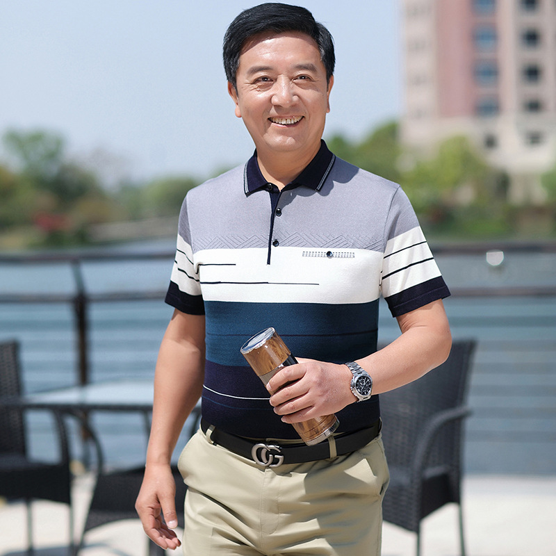 Camiseta de manga corta de seda de hielo de verano de papá camiseta de solapa de hombre de mediana edad suelta camisa de fondo de hombre de mediana edad y anciano