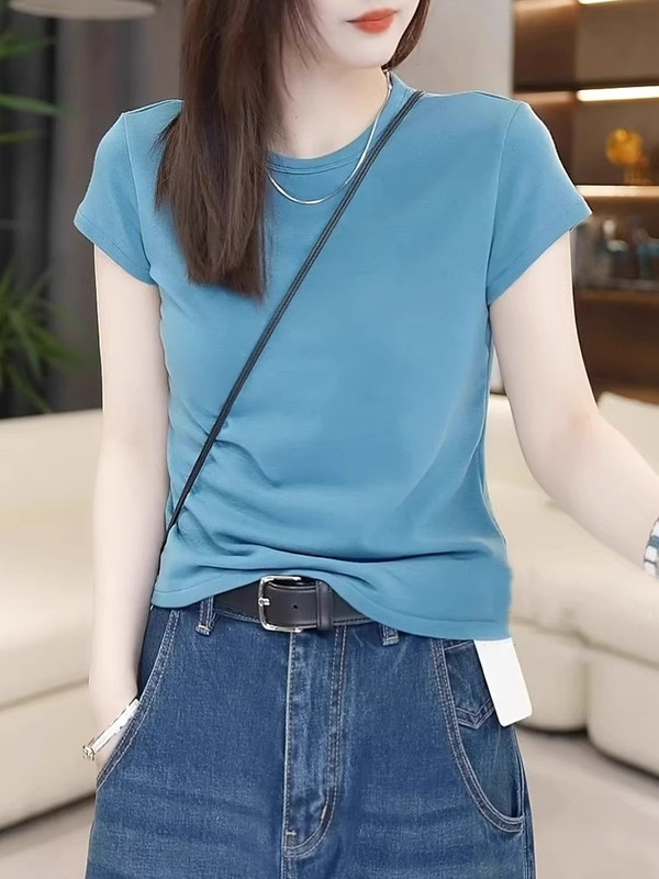 蓝色正肩短袖t恤女夏季2025新款爆款韩版休闲百搭显瘦圆领上衣潮|undefined