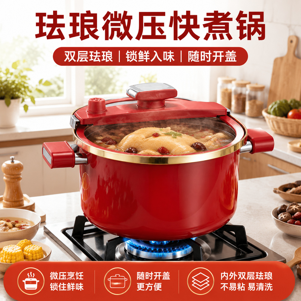 Directly from the Manufacturer: Enamel Micro-Pressure Cooker, New Model for Home Use, Non-Stick Pressure Cooker with Visible Glass Lid, Large Capacity Soup Pot