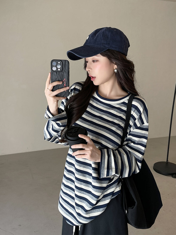 慵懒风chic春秋冬季打底衫2025美式条纹t恤女宽松中长款长袖上衣|undefined