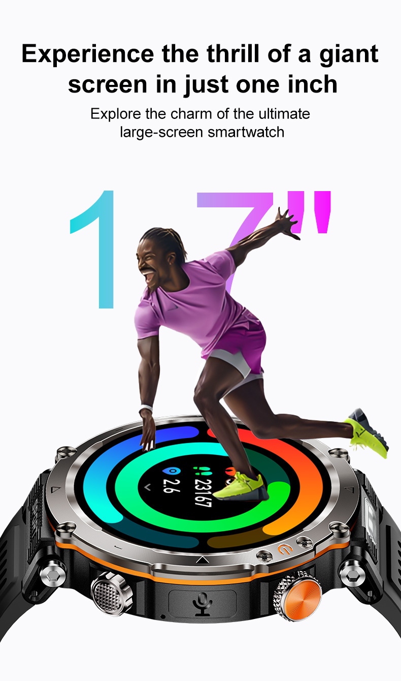 Smartwatch nuovo prodotto per sport all'aria aperta, impermeabile, chiamate Bluetooth, ampio schermo da 1,7", indicatore di frequenza cardiaca e saturazione di ossigeno nel sangue, luce LED._voghion.com