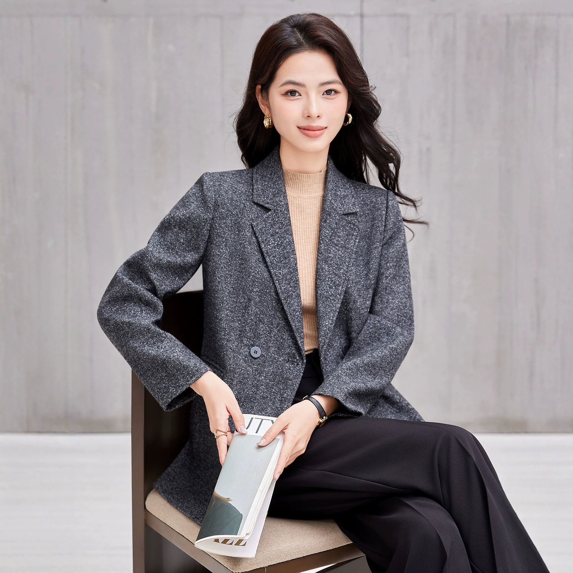 高级感洋气花灰色毛呢羊毛西装外套2026新款西服阔腿裤通勤两件套