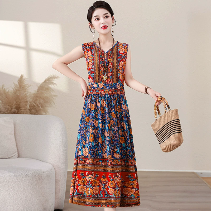 Летнее платье для женщин 2025 года, элегантное, без рукавов, из хлопчатобумажного шелка с французским принтом, уменьшающее возраст, с поясом и длинной юбкой.