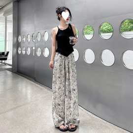 2024新款冰丝阔腿裤女夏季薄款垂感水墨印花慵懒风防晒休闲裤