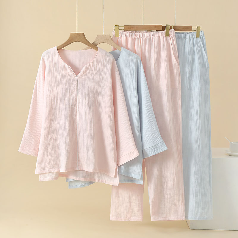 New Spring and Summer Women's Cotton Gauze Japanese Style Pajamas Double-Layer Gauze Breathable Casual Home Wear Set Nine-Quarter Sleeves Pure Cotton