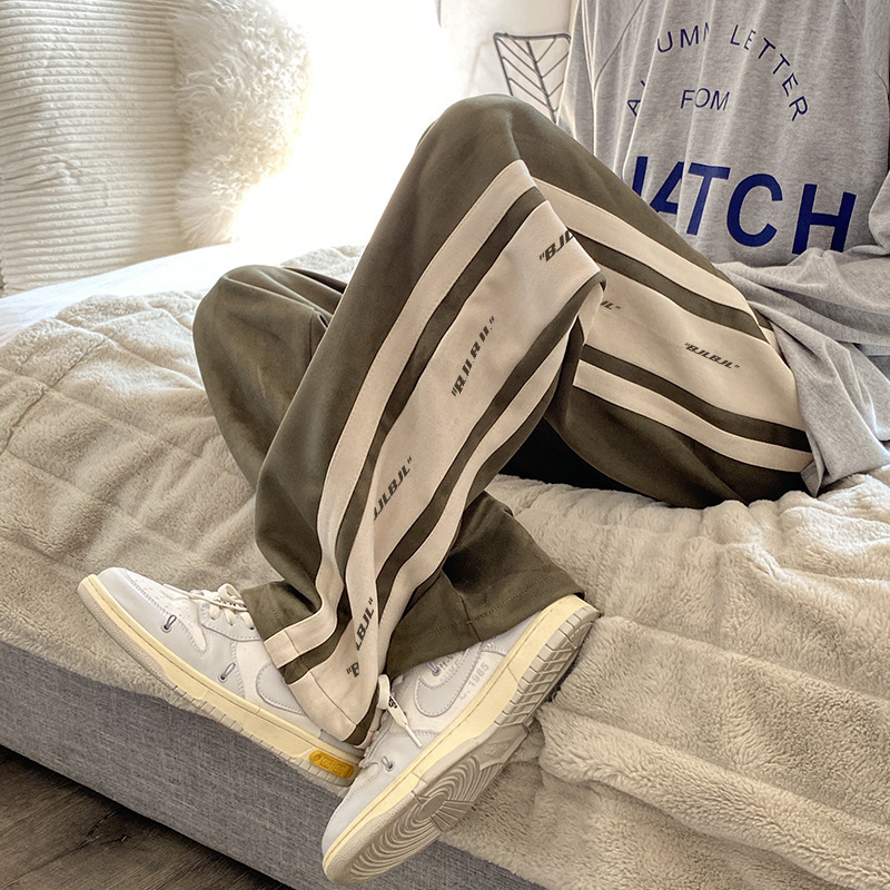 Casual Pants Men's Autumn and Winter Korean Style Hong Kong Style Bf Loose Drawstring Straight Pants Striped Contrast Color Trendy Brand Wide Leg Pants