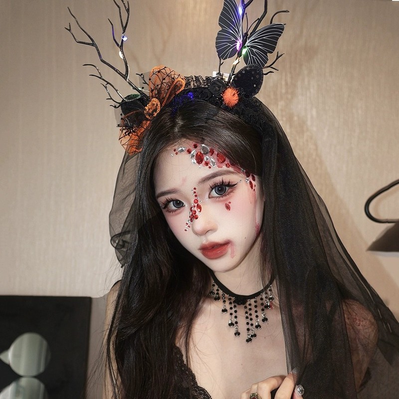 万圣节头饰新娘头纱蝴蝶结黑色网纱发光发箍女巫发饰cos装扮发卡|undefined