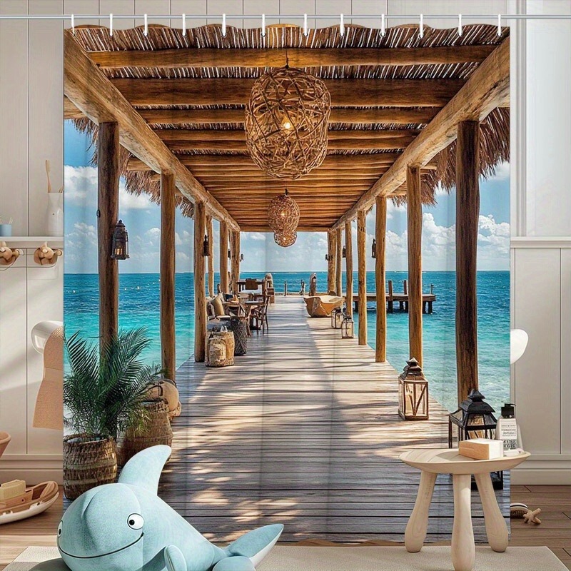 Amazon Cross-Border E-Commerce Dock Shower Curtain Coastal Bathroom Decoration Durable Polyester Fabric United States Europe North America