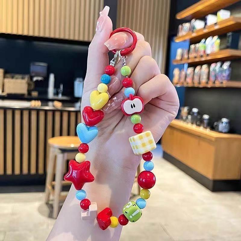 Dopamine Color Cute Apple Beaded Mobile Phone Chain Bag Pendant Cute Girl Cartoon Mobile Phone Lanyard Keychain