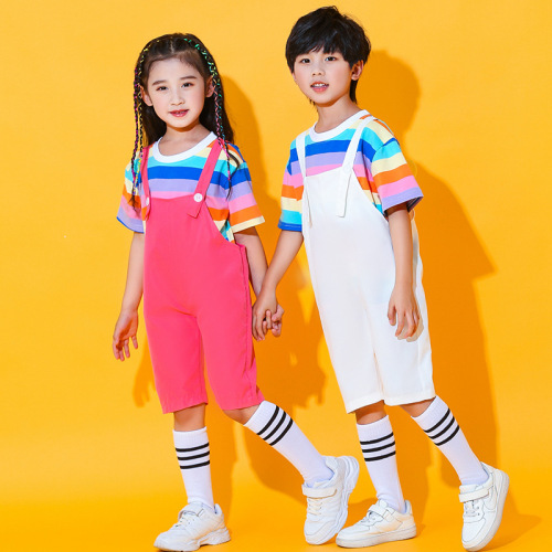 Girls boys school stage performance  Cheerleading school uniforms Children's Colorful Stripe cheerleaders outfits  Birthday Party Performance Clothing 