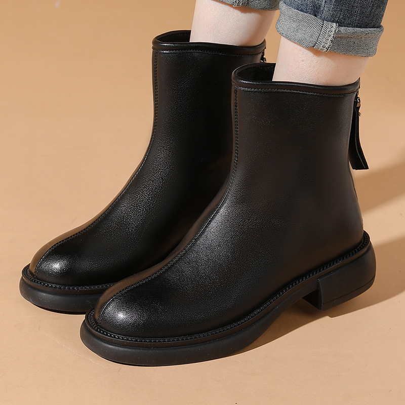 兔毛英伦风低跟马丁靴冬季真皮复古短靴后拉链女靴厚底粗跟瘦瘦靴