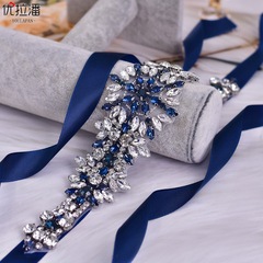 優拉潘歐美新娘重工藝腰帶奢華鑽石藍色手工腰飾婚禮禮服配飾S319
