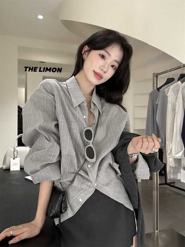 THE LIMON柠檬绿茶秋季法式复古简约气质宽松条纹翻领长袖衬衫女|undefined