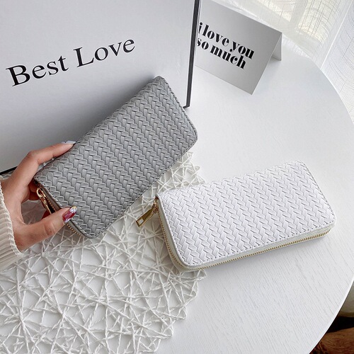 European and American style fashionable pu leather woven wallet coin purse New trendy women's wallet mid-length zipper clutch